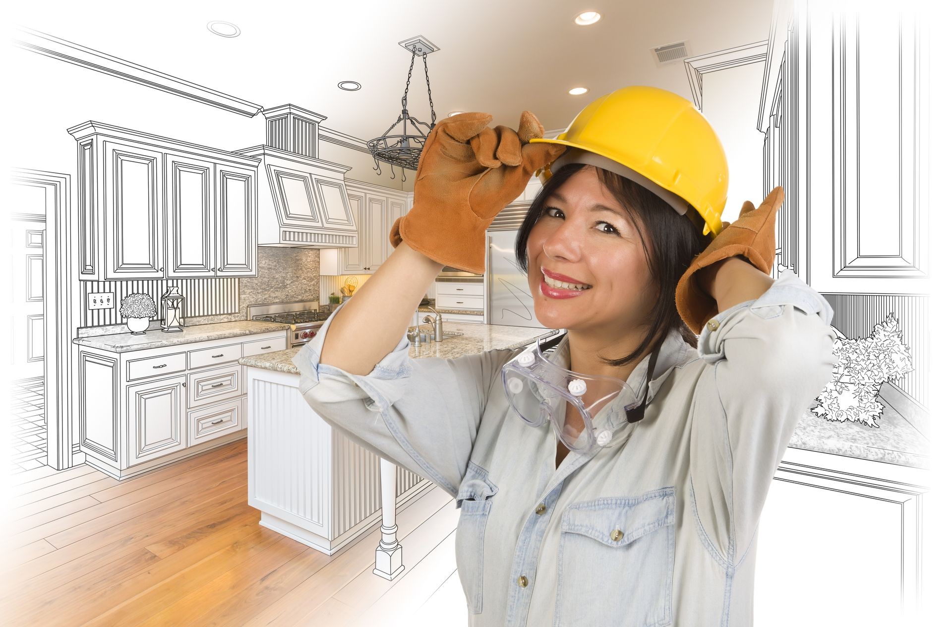 Pretty Hispanic Woman in Hard Hat and Gloves with Kitchen Drawing and Photo Gradation Behind.